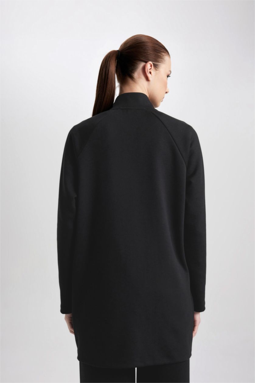 Kadın Siyah Long Fit Fleto Cepli Skuba Dalgıç Kumaş Sporcu Tunik Hırka