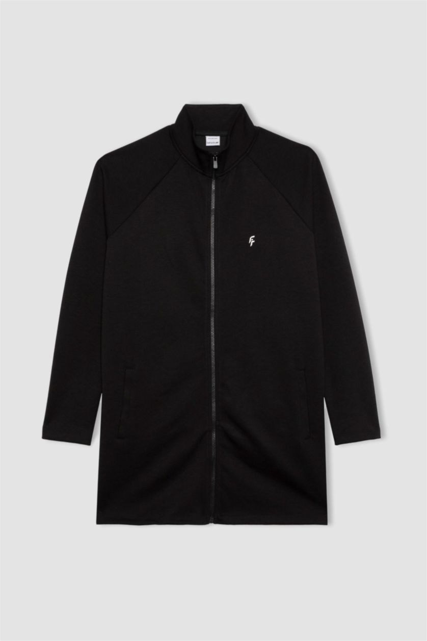 Kadın Siyah Long Fit Fleto Cepli Skuba Dalgıç Kumaş Sporcu Tunik Hırka