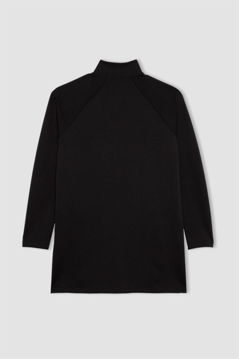 Kadın Siyah Long Fit Fleto Cepli Skuba Dalgıç Kumaş Sporcu Tunik Hırka