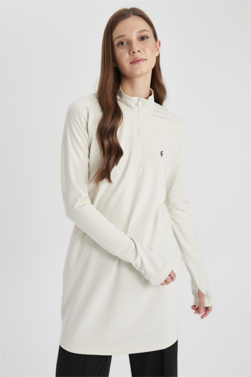 حريمي اللون الحجري تيشيرت رياضي كم طويل قصة طويلة بطبعة شعار