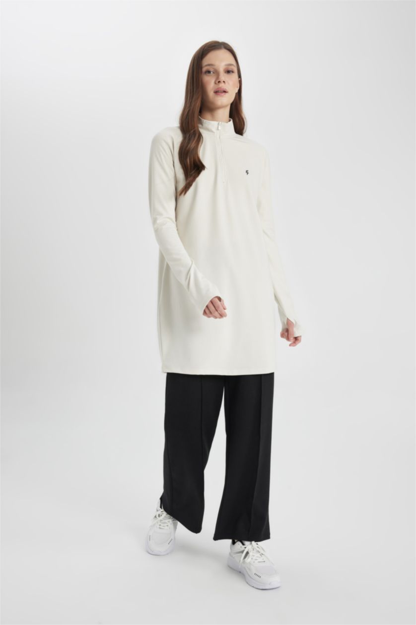 حريمي اللون الحجري تيشيرت رياضي كم طويل قصة طويلة بطبعة شعار