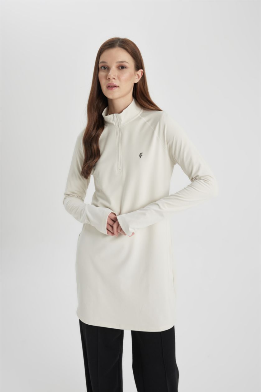 حريمي اللون الحجري تيشيرت رياضي كم طويل قصة طويلة بطبعة شعار