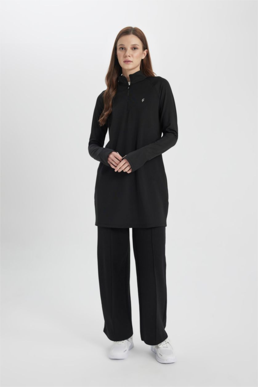 Woman Black Long Fit Slogan Printed Long Sleeve T-Shirt