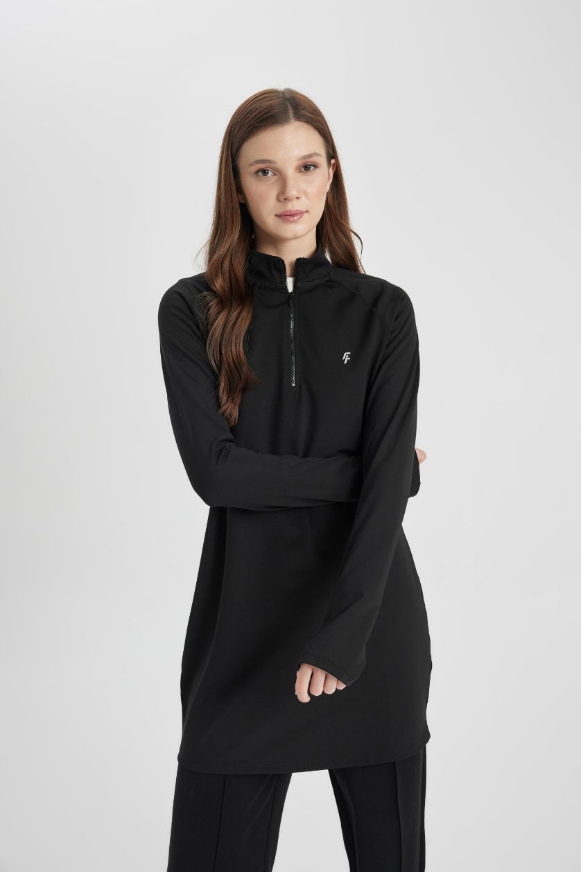 Woman Black Long Fit Slogan Printed Long Sleeve T-Shirt