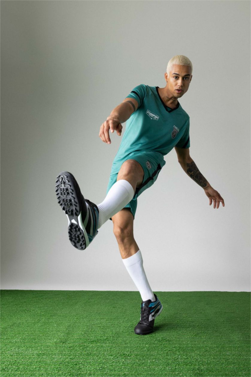 Erkek Siyah Erkek Düz Taban Bağcıklı Suni Deri Halı Saha Ayakkabısı