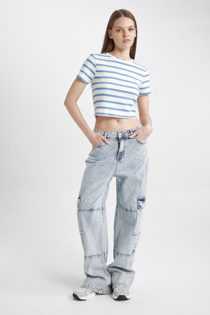 نساء أزرق تيشيرت مخطط نص كم سليم فيت