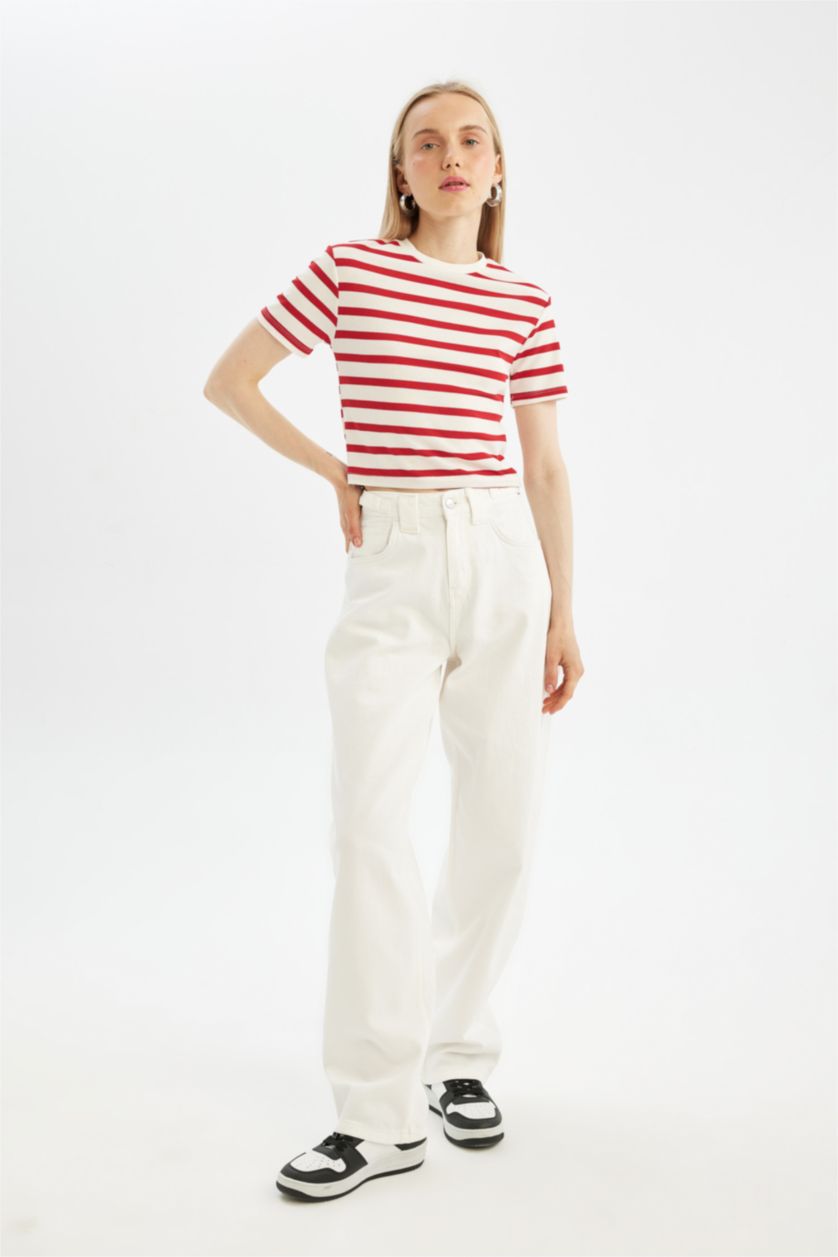 نساء أحمر فاتح تي شيرت مخطط نص كم مضلع