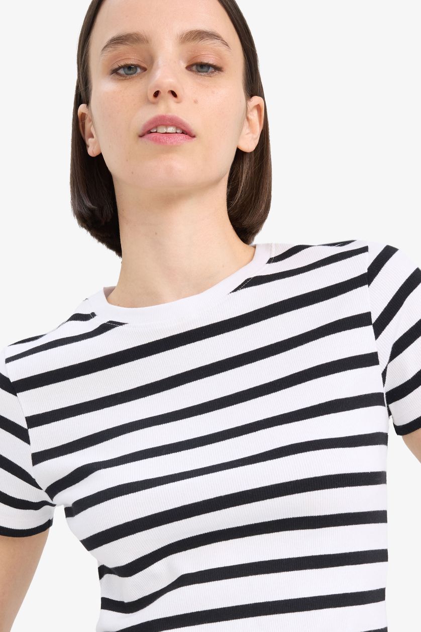 Kadın Siyah Fitted Crop Çizgili Ribana Kısa Kollu Tişört