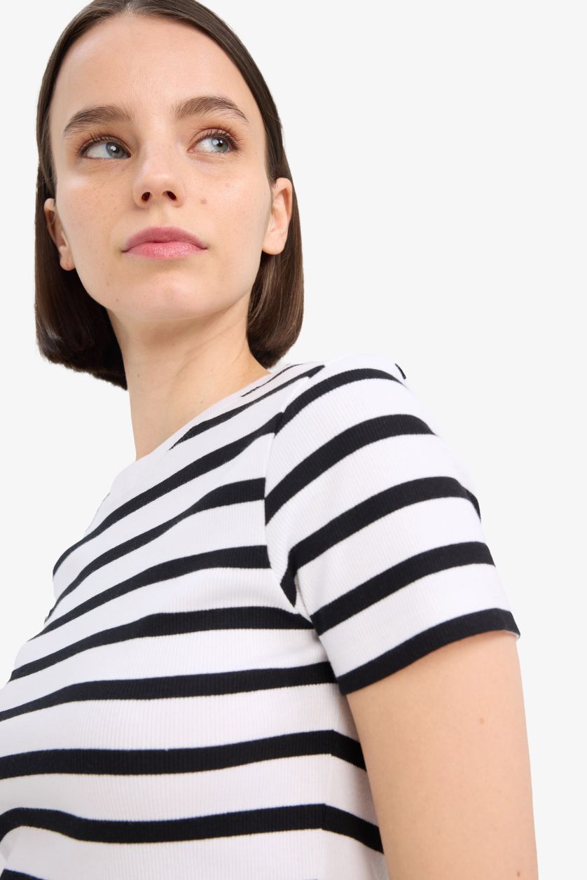 Kadın Siyah Fitted Crop Çizgili Ribana Kısa Kollu Tişört