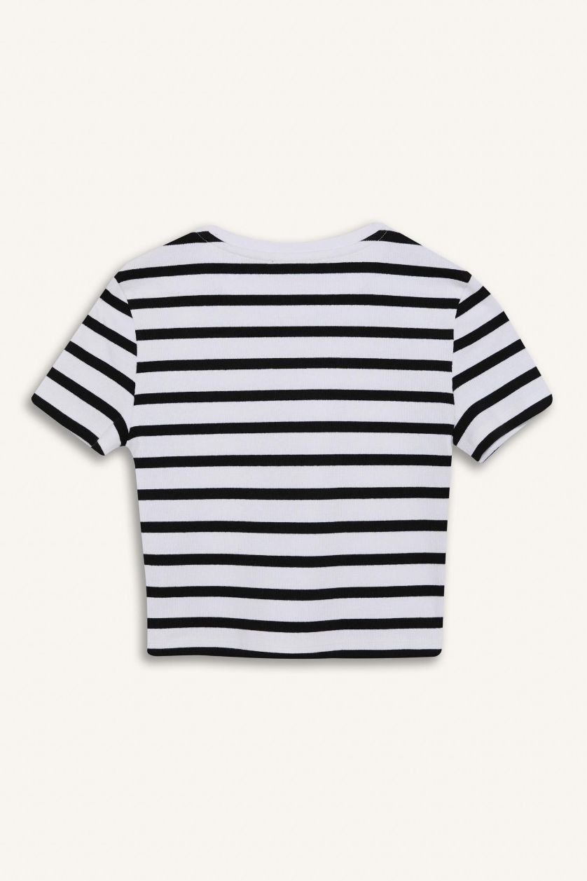 Kadın Siyah Fitted Crop Çizgili Ribana Kısa Kollu Tişört