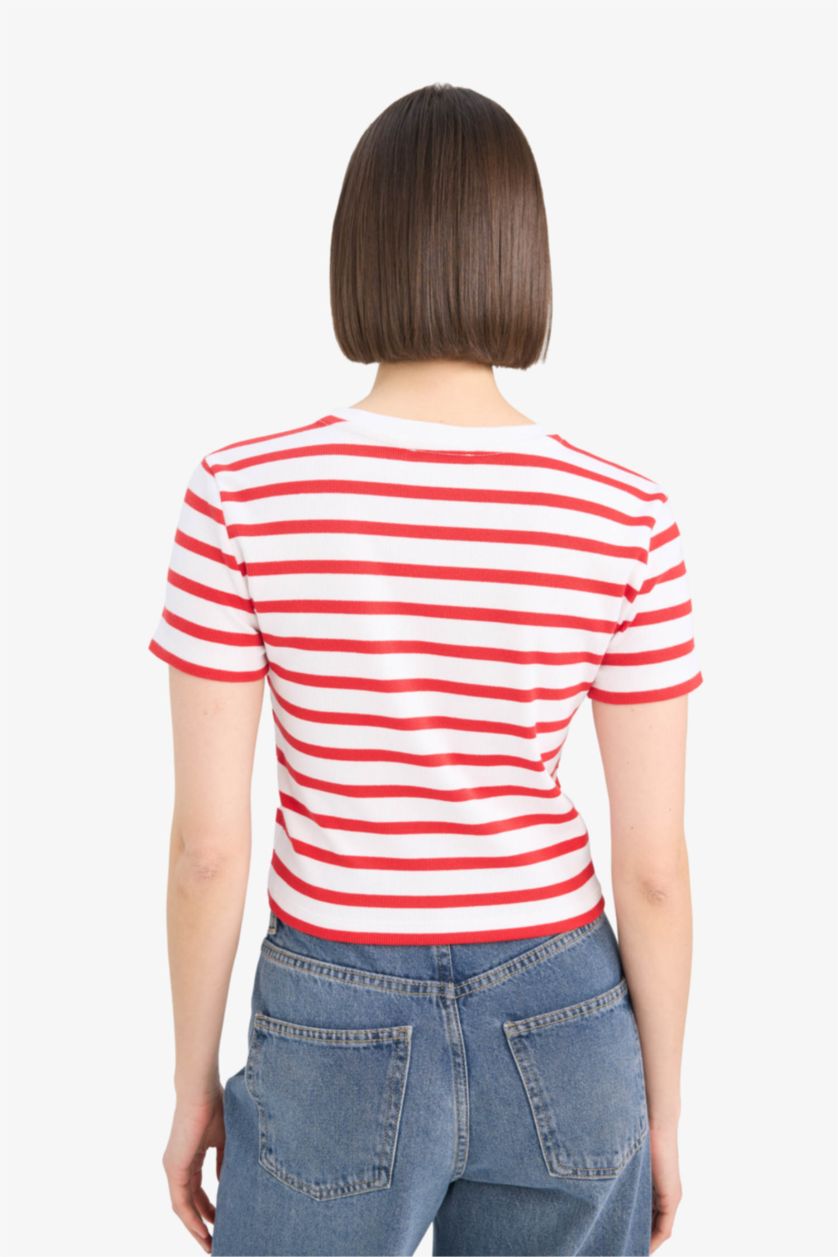 Woman Red Slim Fit Ribana Short Sleeve T-Shirt