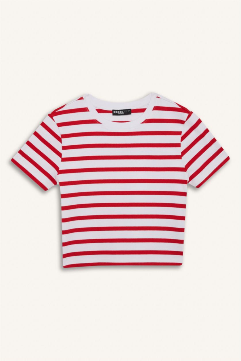 Woman Red Slim Fit Ribana Short Sleeve T-Shirt