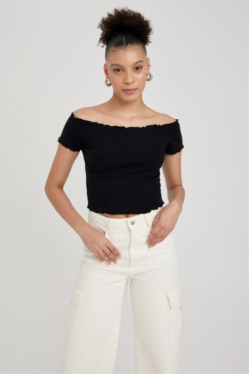 Kadın Siyah Fıtted Fitilli Kaşkorse Kısa Kollu Tişört