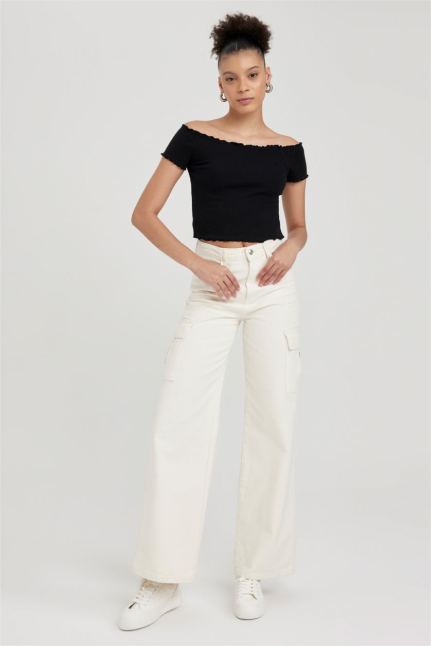 Kadın Siyah Fıtted Fitilli Kaşkorse Kısa Kollu Tişört