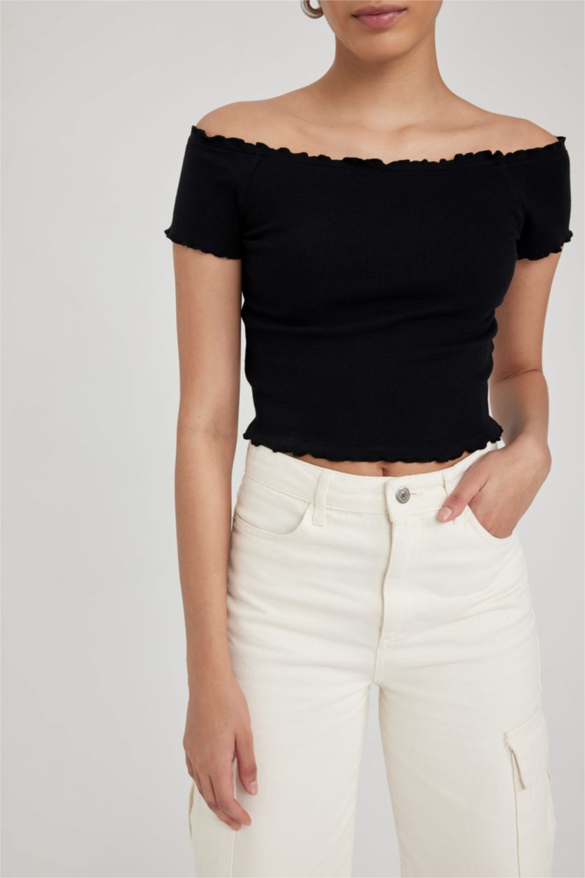 Kadın Siyah Fıtted Fitilli Kaşkorse Kısa Kollu Tişört