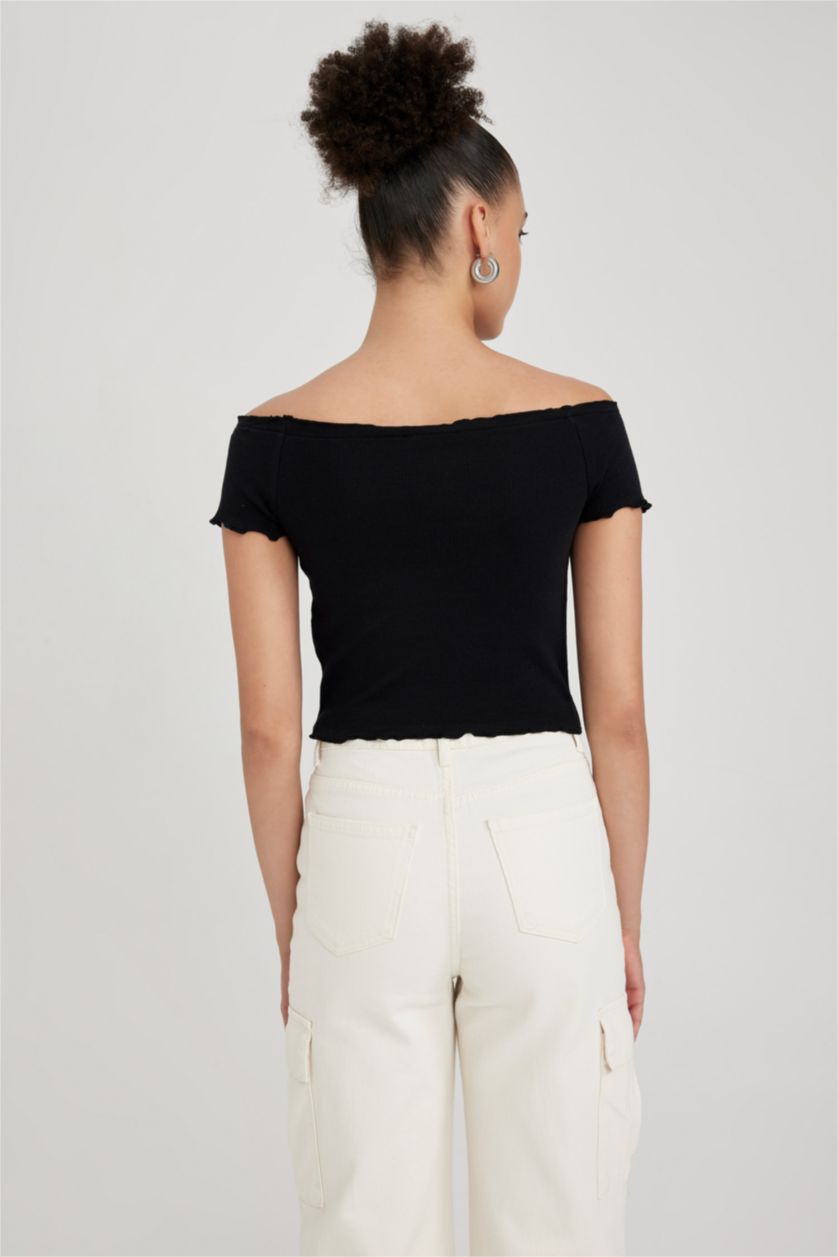 Kadın Siyah Fıtted Fitilli Kaşkorse Kısa Kollu Tişört
