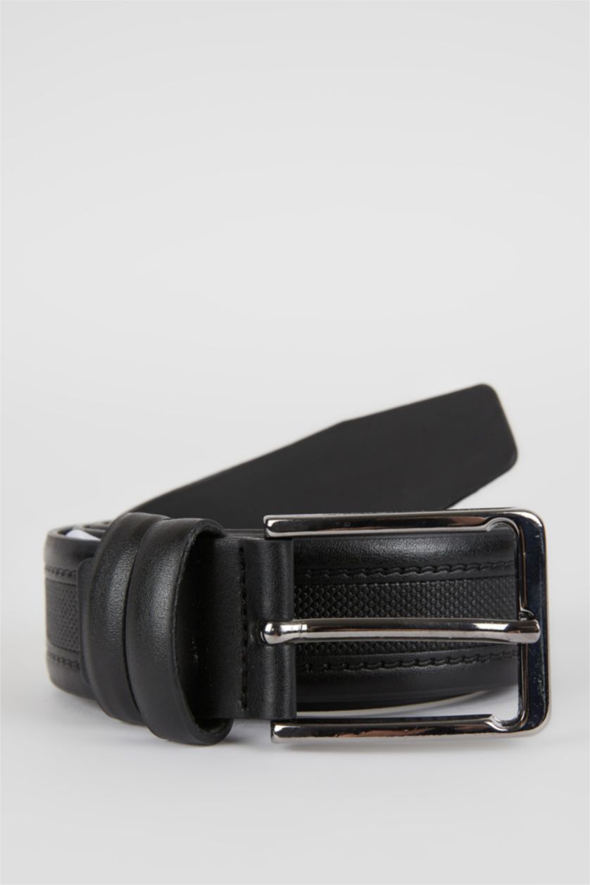 MAN Black Men Rectangle Buckle Faux Leather Classic Belt