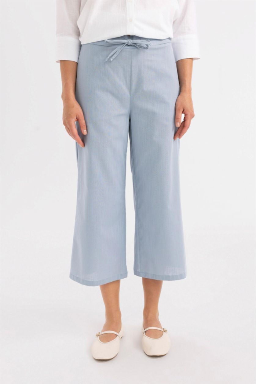 نساء أزرق فاتح كابري برجل واسع ذو مظهر كتان برجل عادي وجيب