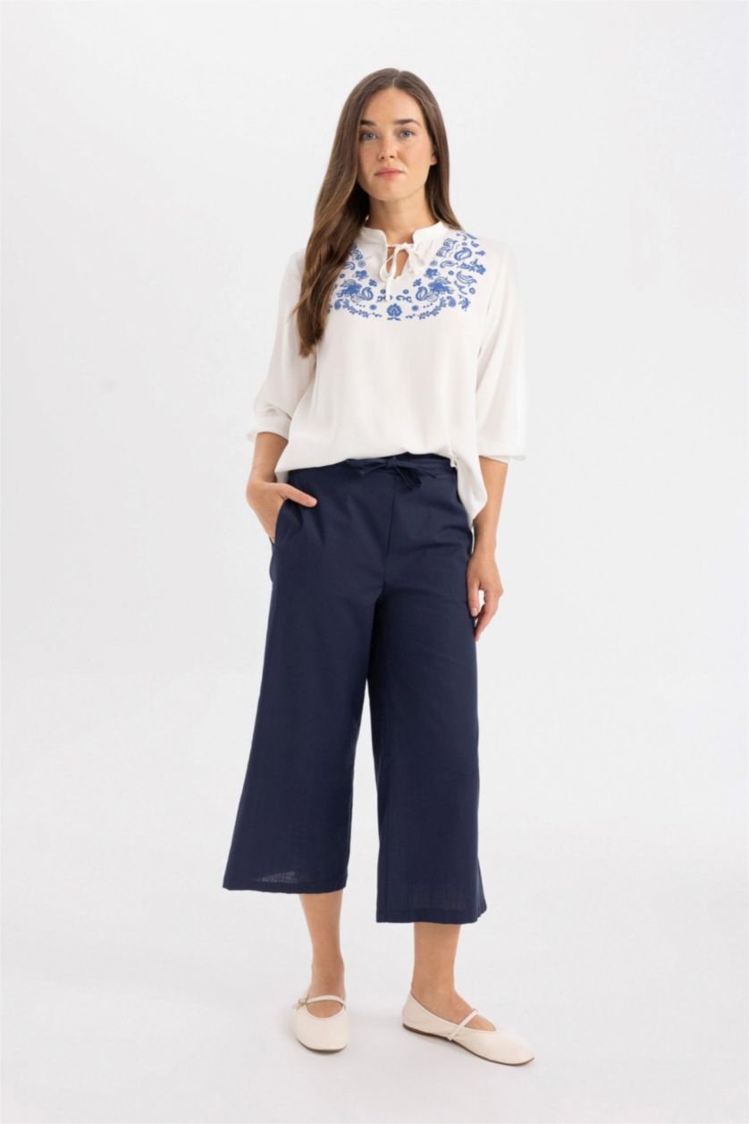 Женщины Синий Капри из льна для женщин