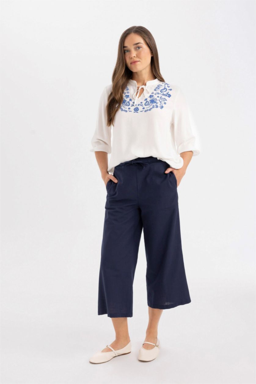 Женщины Синий Капри из льна для женщин