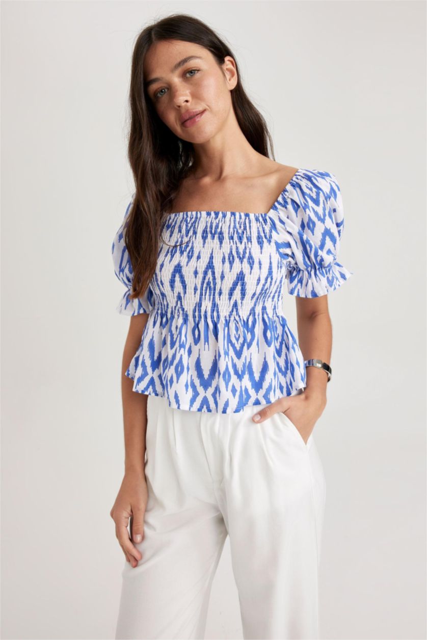 WOMAN Royal Slim Fit Square Collar Short Sleeve Blouse