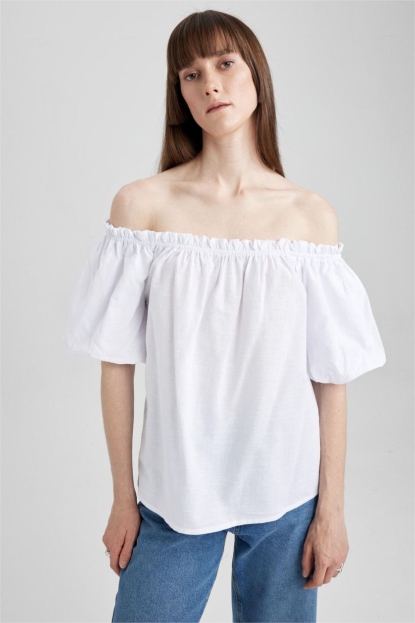 FEMME Blanc Blouse en coton à manches courtes Coupe régulière