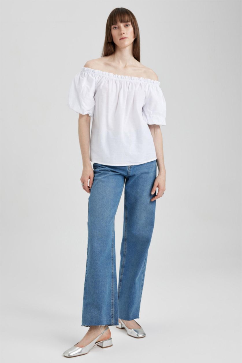 FEMME Blanc Blouse en coton à manches courtes Coupe régulière