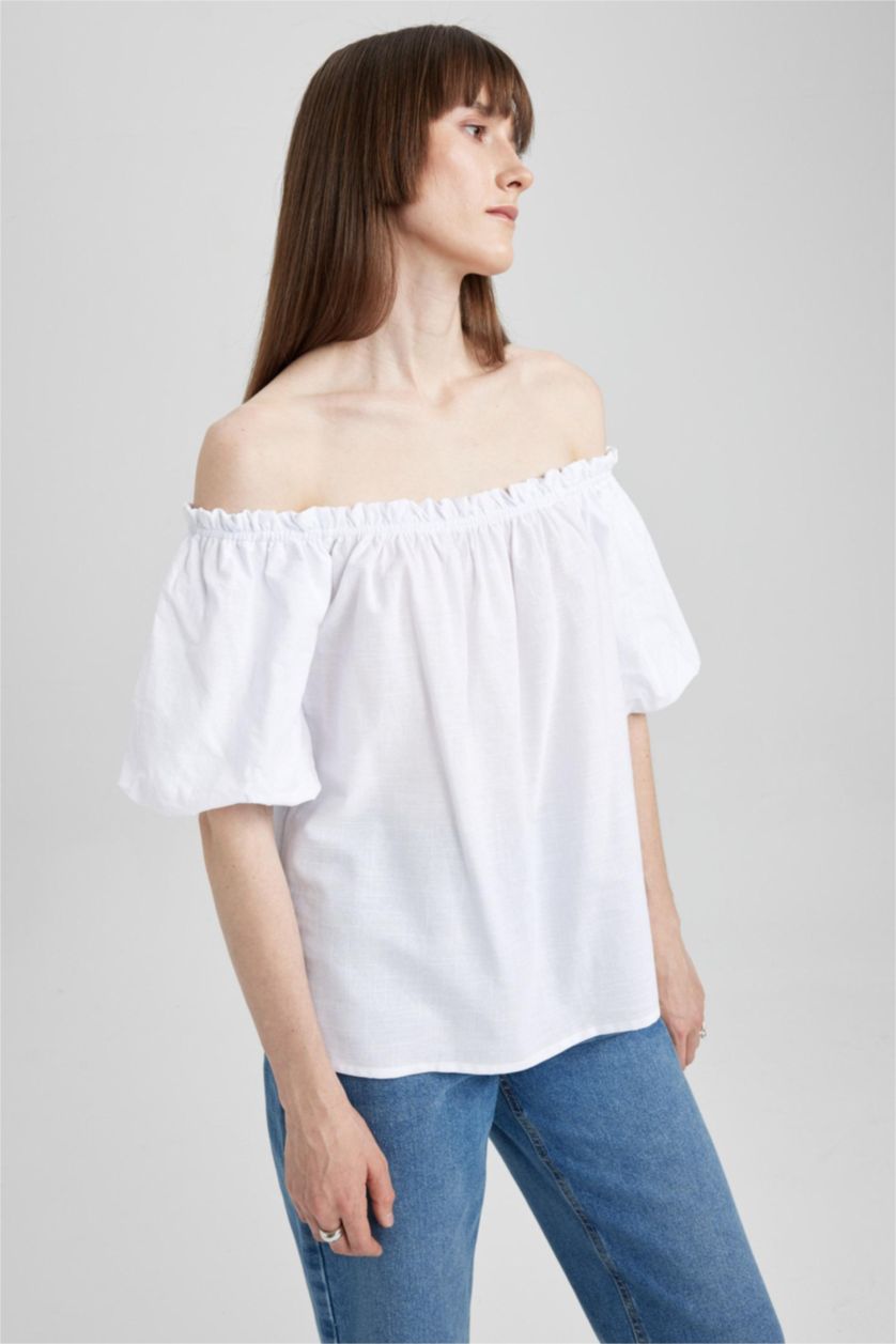 FEMME Blanc Blouse en coton à manches courtes Coupe régulière