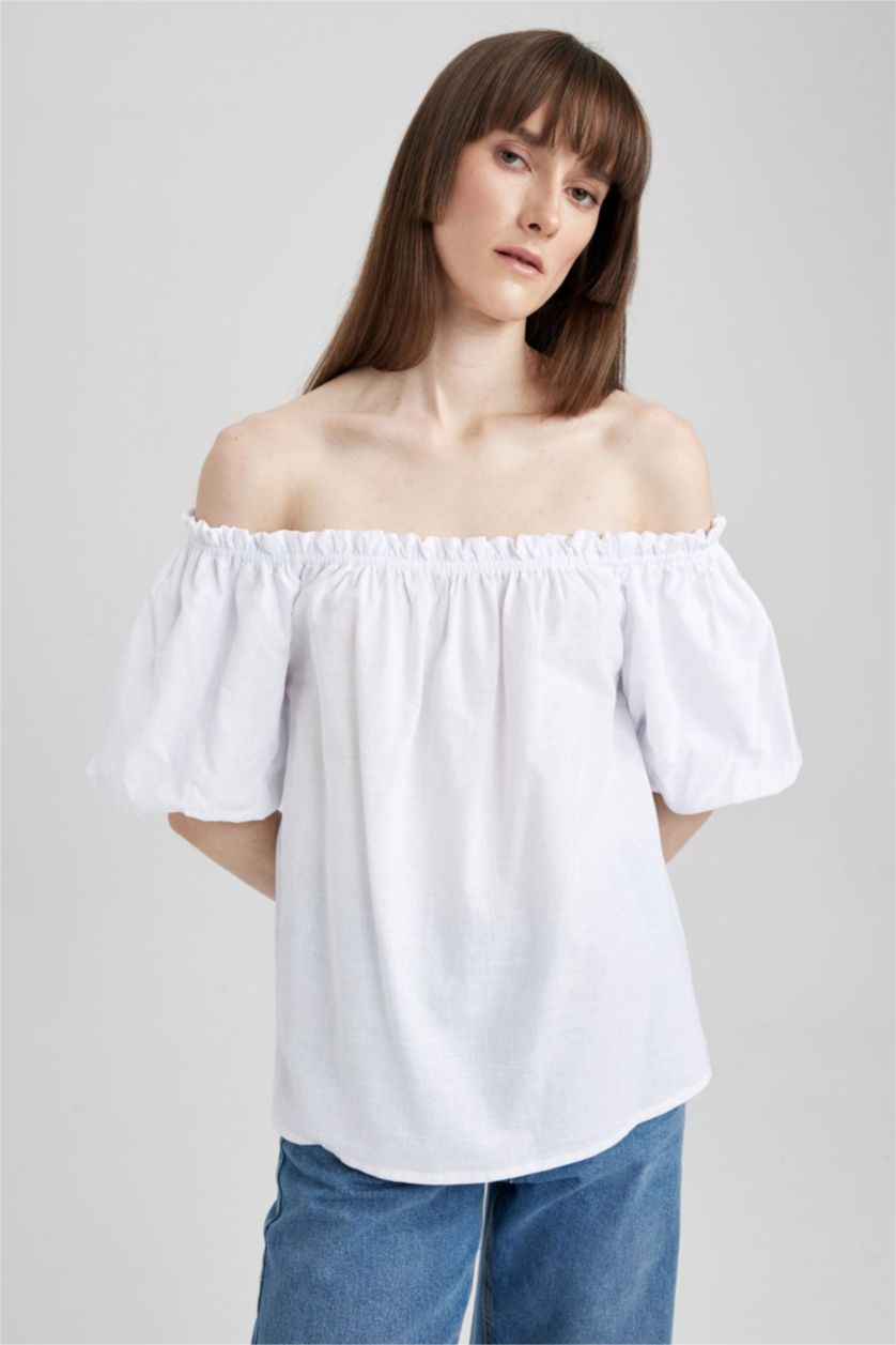 FEMME Blanc Blouse en coton à manches courtes Coupe régulière