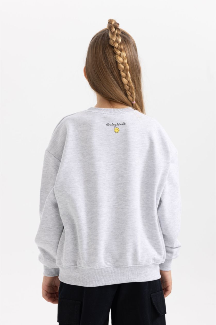 GIRLS & TEENS Grey Melange Girl SmileyWorld Relax Fit Crew Neck Sweatshirt