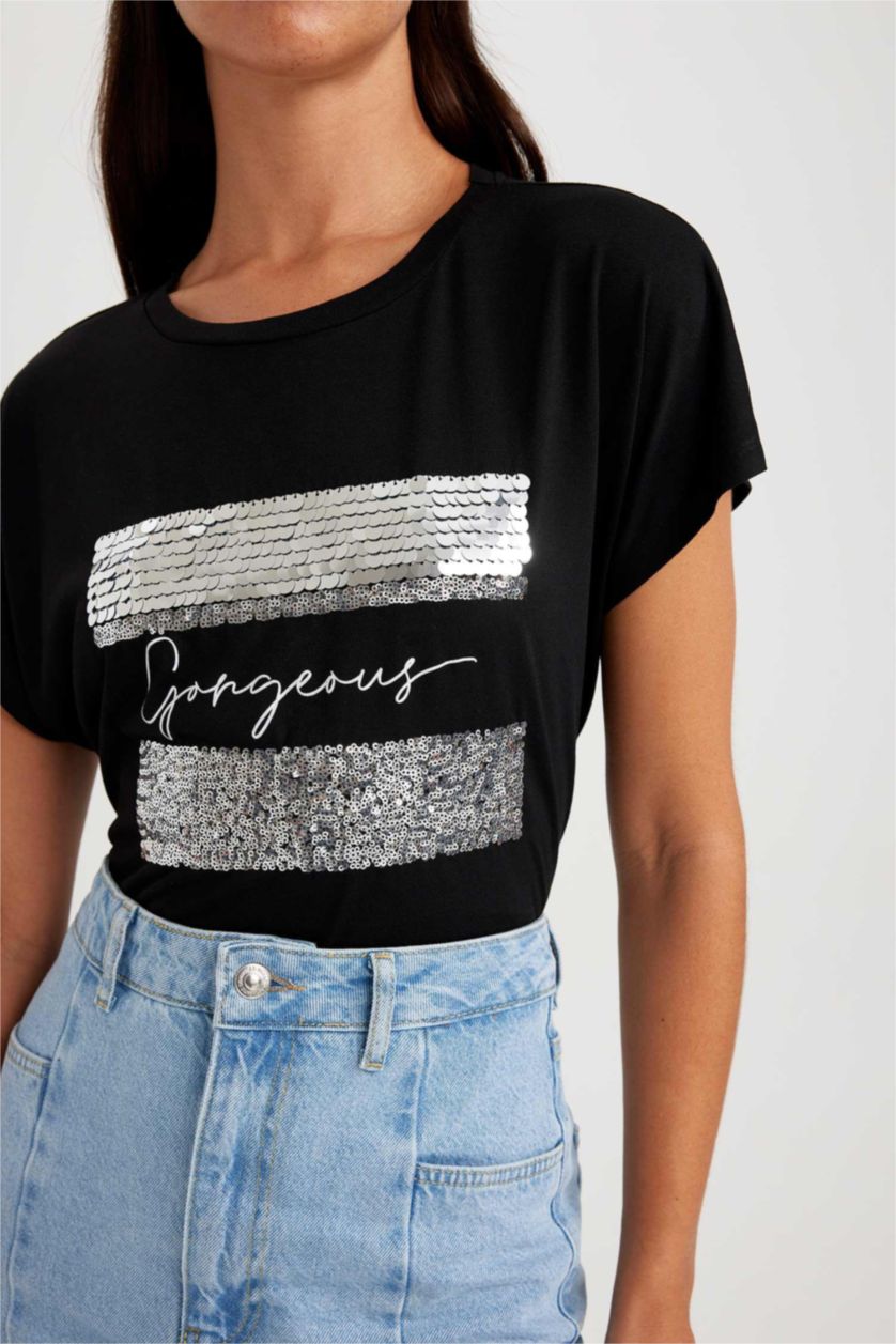 WOMAN Black Crew Neck Short Sleeve T-Shirt