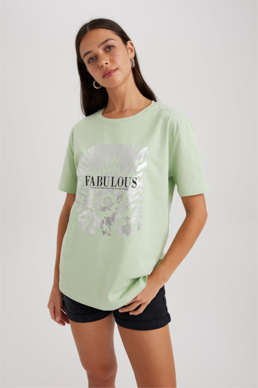 FEMME Bleu T-shirt en coton à manches courtes et col rond Coupe régulière