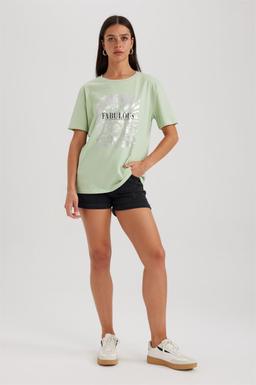 FEMME Bleu T-shirt en coton à manches courtes et col rond Coupe régulière