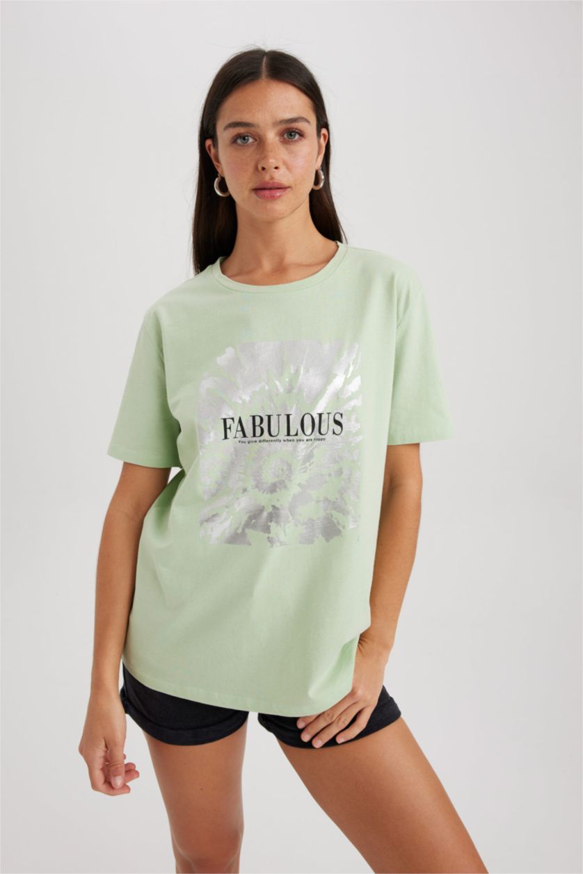FEMME Bleu T-shirt en coton à manches courtes et col rond Coupe régulière
