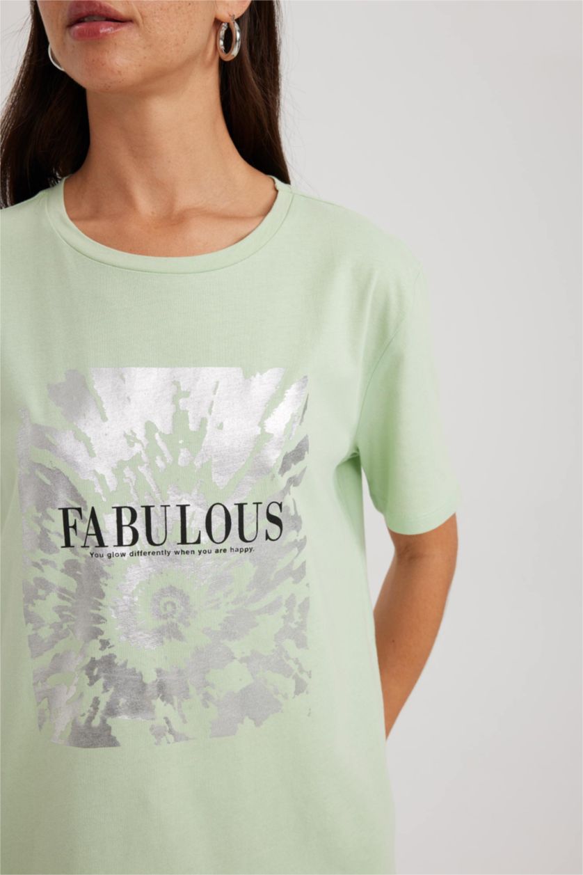 FEMME Bleu T-shirt en coton à manches courtes et col rond Coupe régulière