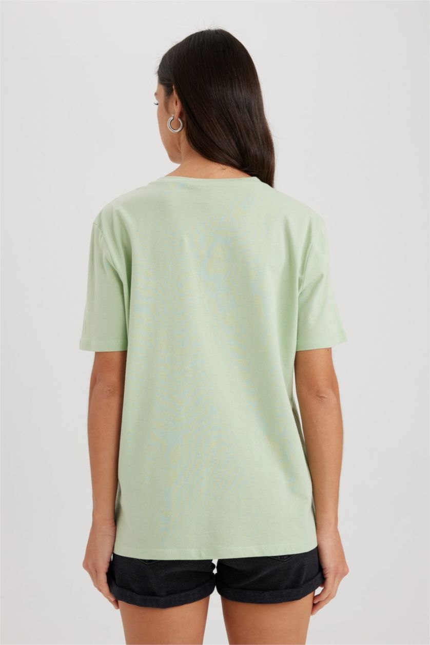 FEMME Bleu T-shirt en coton à manches courtes et col rond Coupe régulière