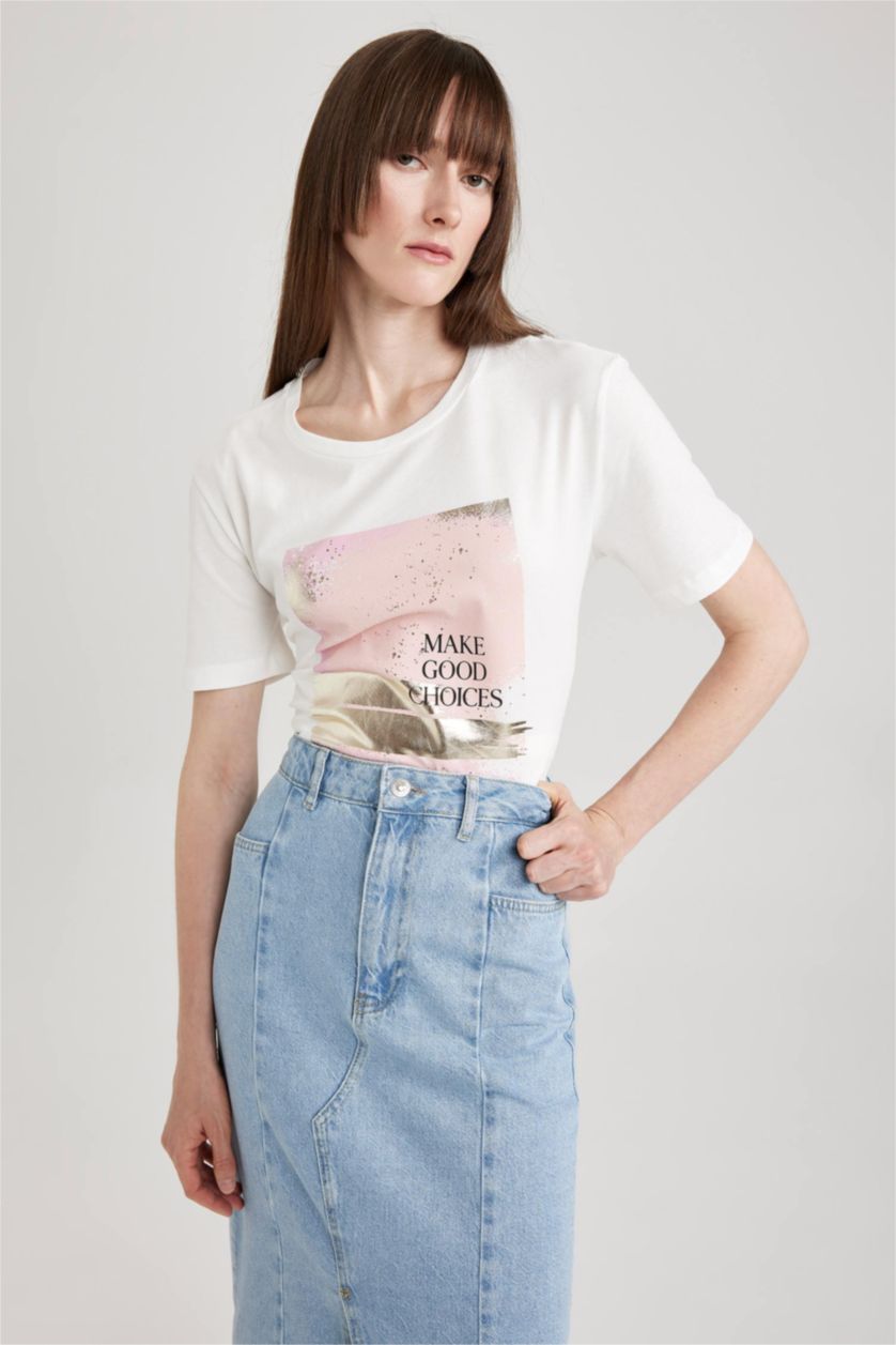 WOMAN Ecru Regular Fit Crew Neck Printed Short Sleeve T-Shirt