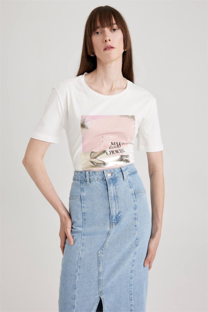 WOMAN Ecru Regular Fit Crew Neck Printed Short Sleeve T-Shirt