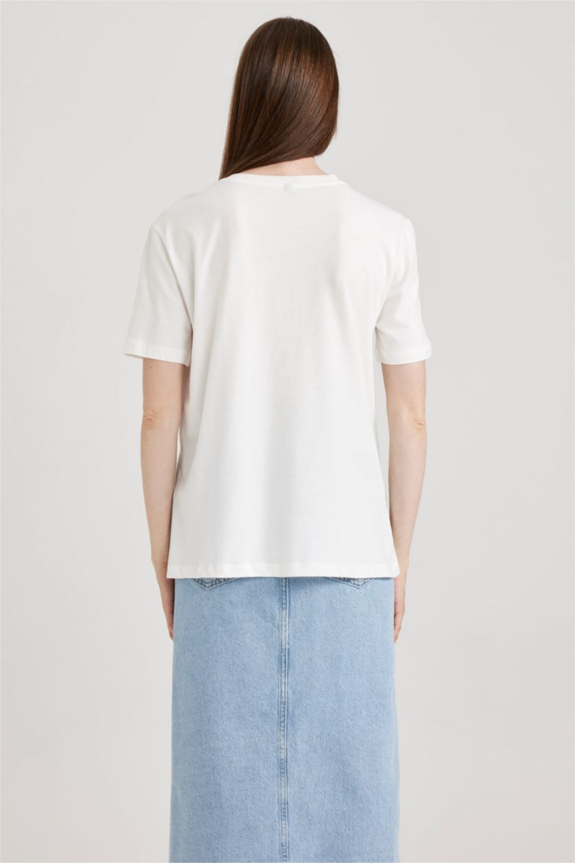 WOMAN Ecru Regular Fit Crew Neck Printed Short Sleeve T-Shirt