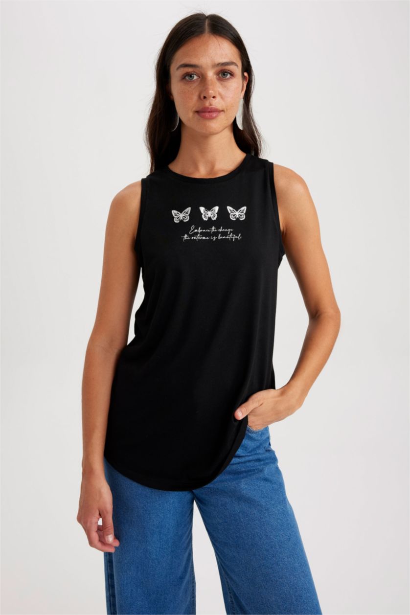 FEMME Noir Débardeur À Col Ras Du Cou İmprimé De Coupe Régulière