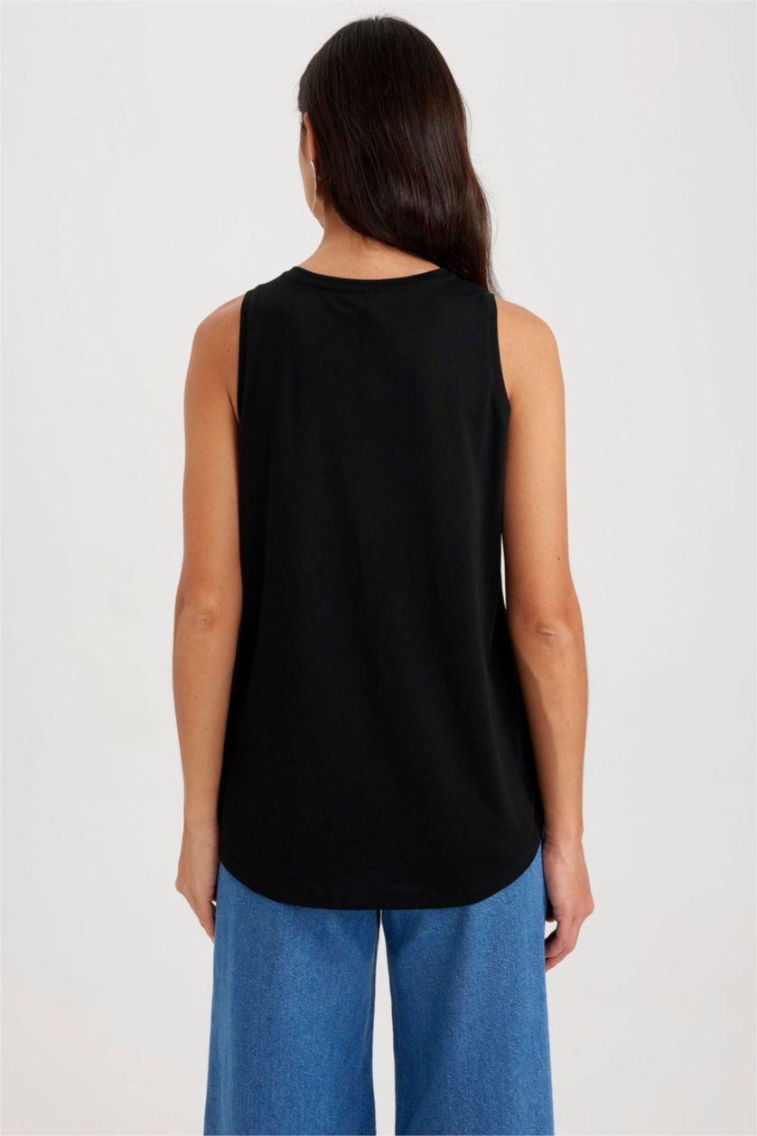 FEMME Noir Débardeur À Col Ras Du Cou İmprimé De Coupe Régulière