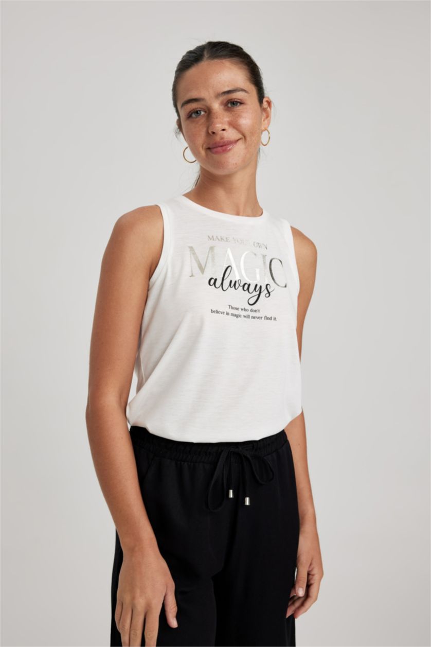 FEMME Écru Débardeur À Col Ras Du Cou İmprimé À Slogan Regular Fit