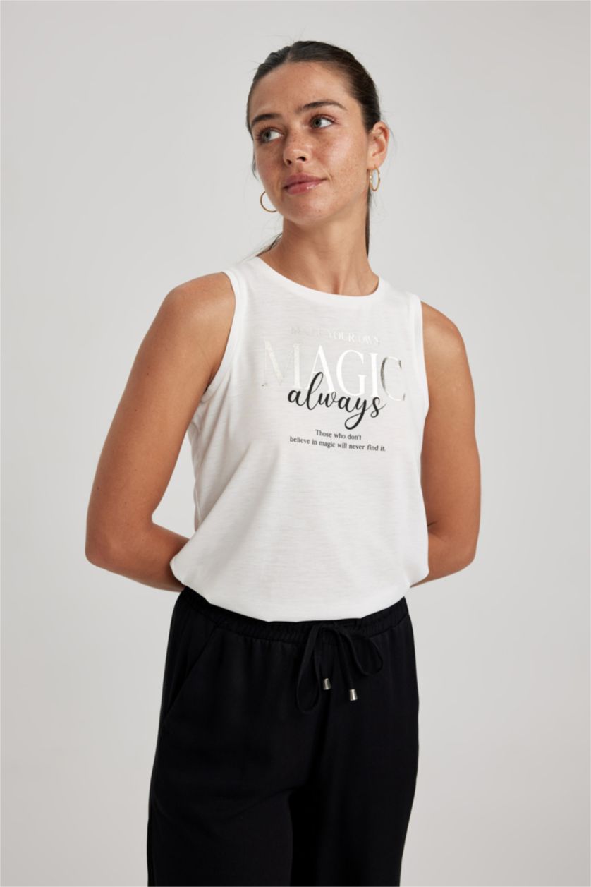 FEMME Écru Débardeur À Col Ras Du Cou İmprimé À Slogan Regular Fit