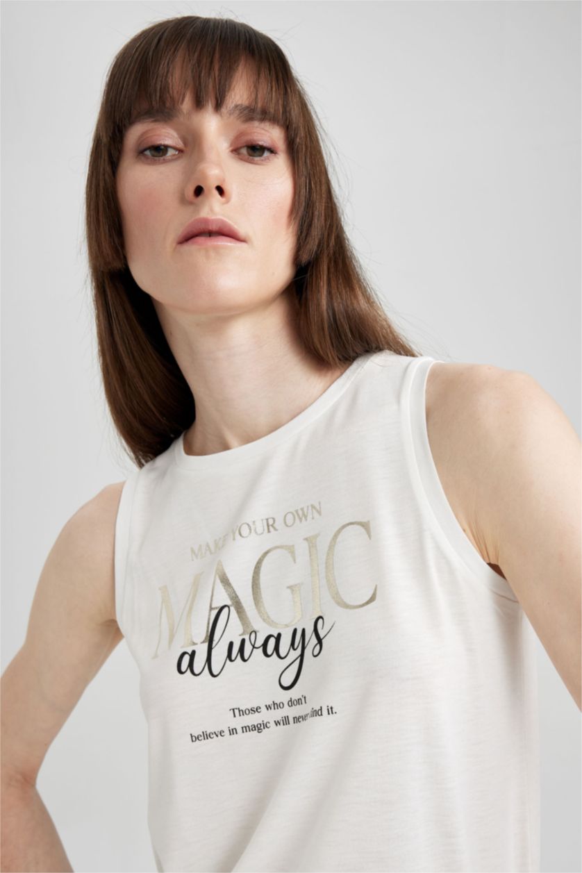 FEMME Écru Débardeur À Col Ras Du Cou İmprimé À Slogan Regular Fit