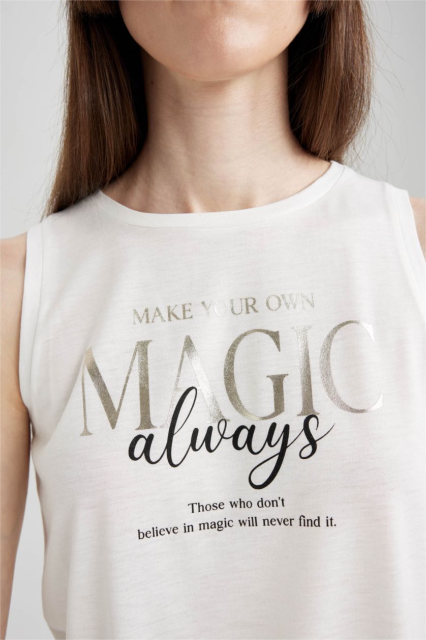 FEMME Écru Débardeur À Col Ras Du Cou İmprimé À Slogan Regular Fit