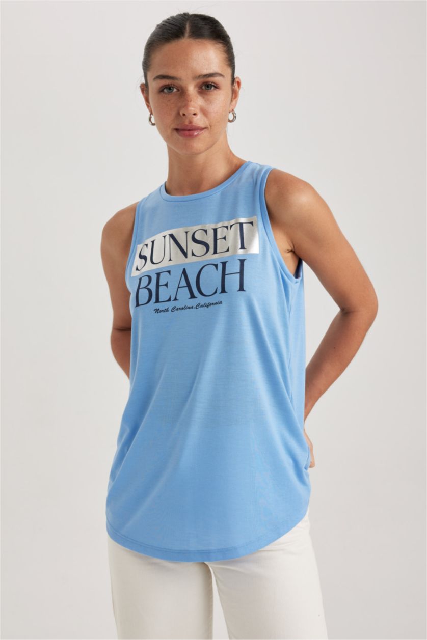 WOMAN Blue Regular Fit Slogan Printed Sleeveless T-Shirt