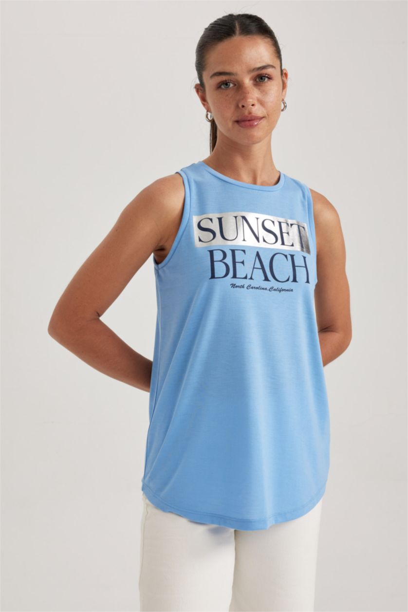 WOMAN Blue Regular Fit Slogan Printed Sleeveless T-Shirt