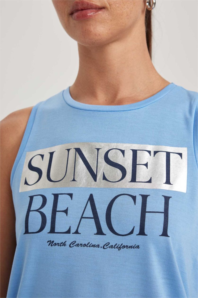 WOMAN Blue Regular Fit Slogan Printed Sleeveless T-Shirt