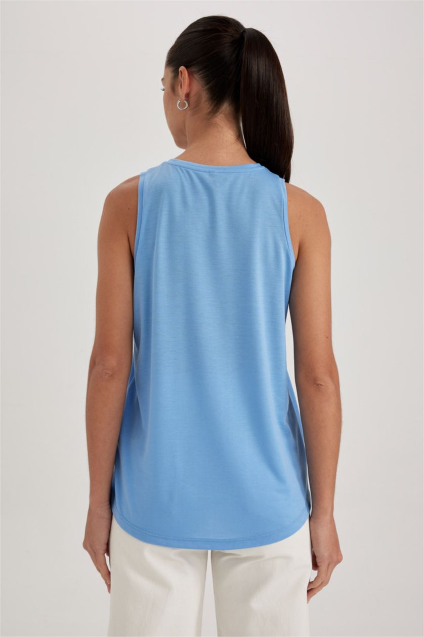 WOMAN Blue Regular Fit Slogan Printed Sleeveless T-Shirt