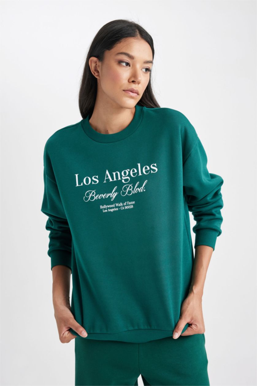 نساء أخضر غامق سويت شيرت قصة مريحة برقبة مستديرة